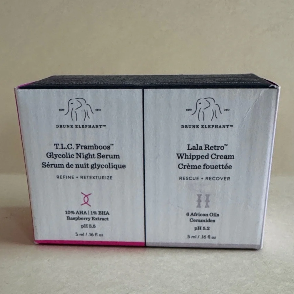 DRUNK ELEPHANT 2p TLC Framboos Glycolic Night Serum Lala Retro Whipped Cream NIB
